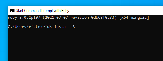Command prompt with Ruby showing the ridk command